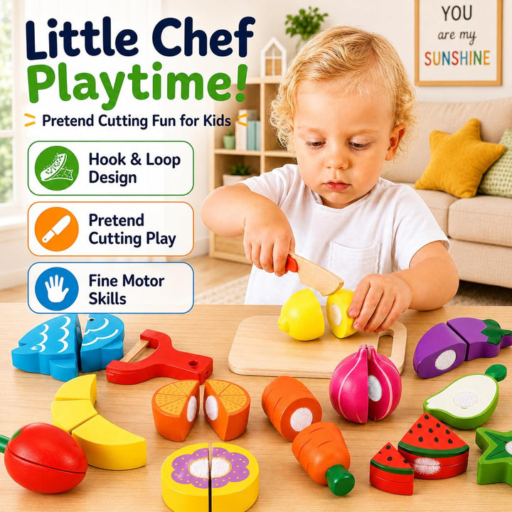 Kinder Holzspielzeug Küche – Schneideset mit Obst und Gemüse zum Zerschneiden, inkl. Schäler/Holzmes