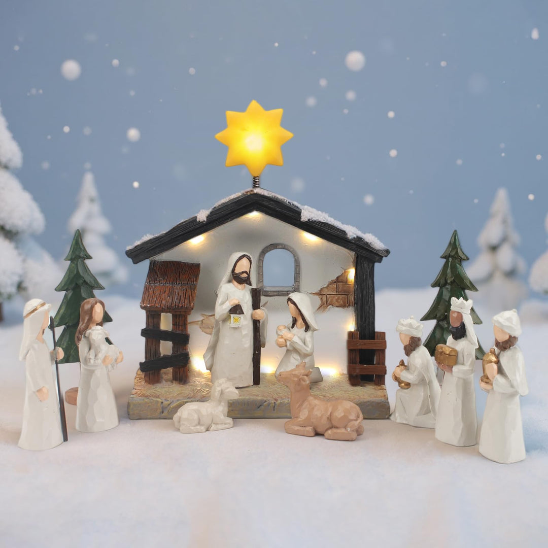 Top-spring Krippenfiguren Set, Weihnachtskrippe mit Beleuchtung, Krippe Weihnachten Komplettset, Kri