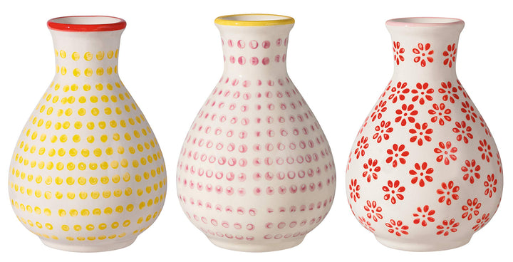 Bloomingville Vasen Susie Retro kleine ø 6,5 H 11 cm, rosa gelb rot, Keramik, 3er Set