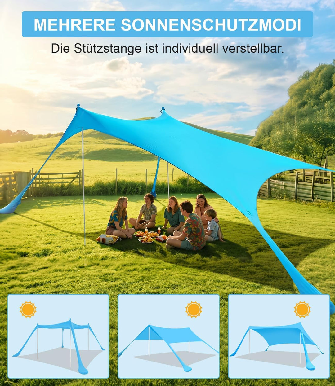 UPF50+ Strandzelt 3m x 3m, Schatten Zelt Strandmuschel Beachmit Sandschaufel & Erdnägeln und 4 Stütz