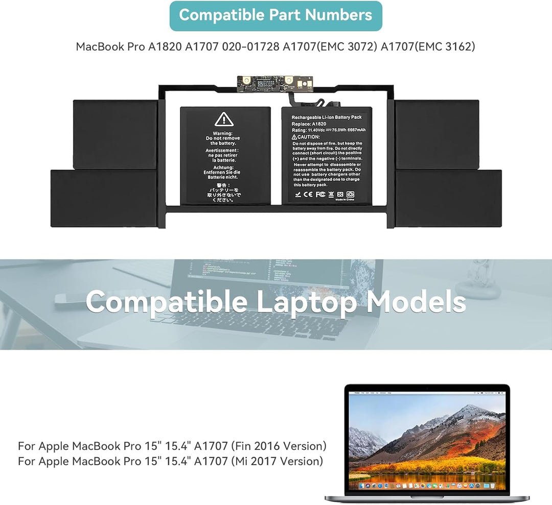 K KYUER 76Wh A1820 Laptop Akku für MacBook Pro 15" A1707 Late 2016 Mid 2017 EMC 3162 3072 MLH32LL/A