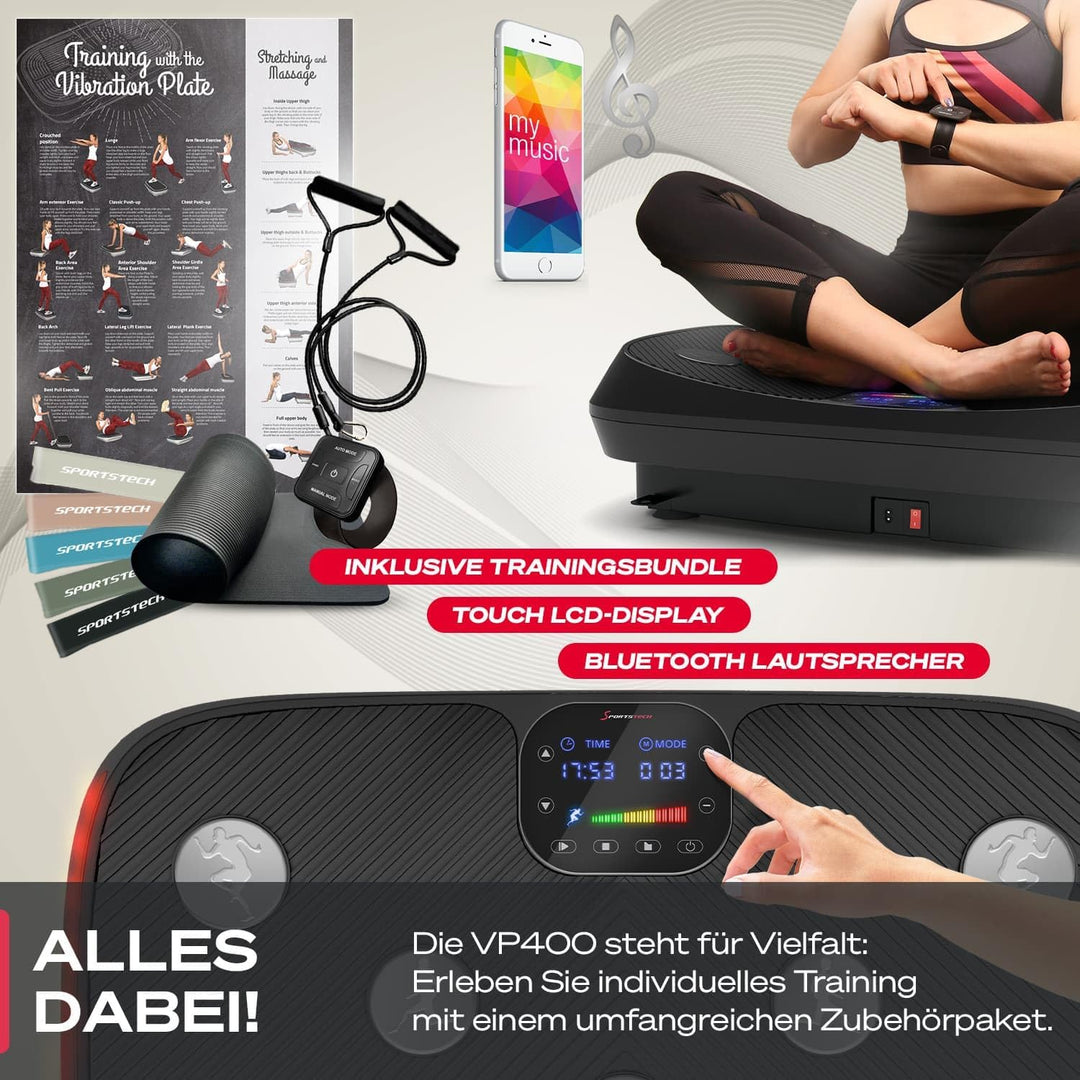 Sportstech 4D Vibrationsplatte VP400 im Curved Design + Trainings-Videos, Color Touch Display, Riese