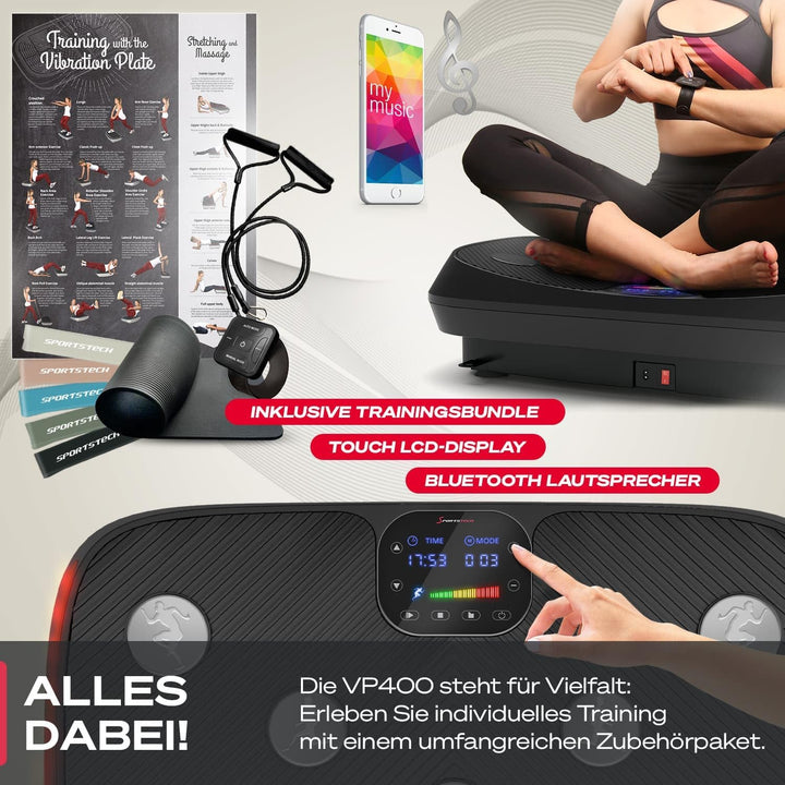 Sportstech 4D Vibrationsplatte VP400 im Curved Design + Trainings-Videos, Color Touch Display, Riese
