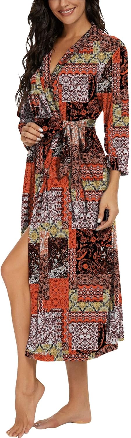 PrinStory Damen Bademantel Leichter 3/4 Ärmeln Morgenmantel V-Ausschnitt Kimono Roben Langes Nachtwä