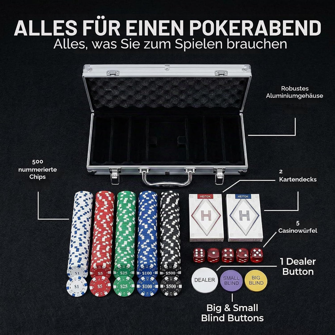 Pokerchips-Set mit Wertangaben, 500 Stück, 11,5 Gramm, nummerierte Chips mit Aluminiumkoffer, von $1
