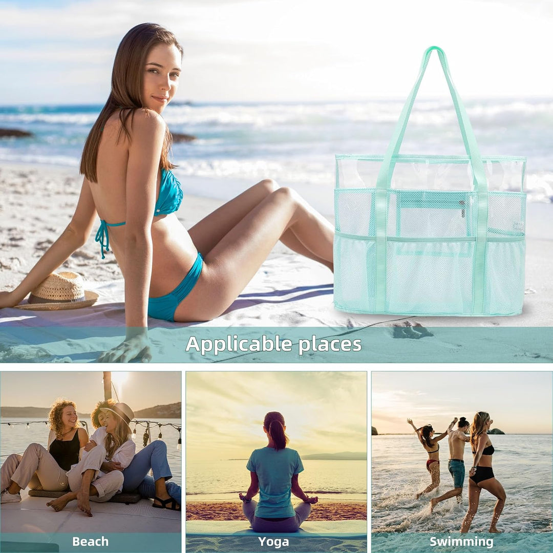 TINYAT Grosse transparente Tragetasche für Damen, transparent, Netzstoff, Strandtasche, Schultertasc