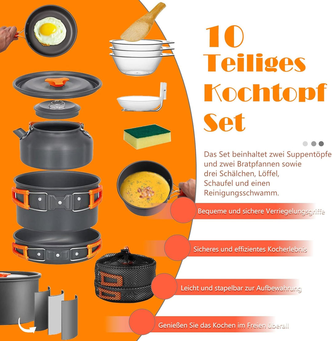 Camping Kochgeschirr Set, Outdoor Geschirr Set Kochtopf Set 10-teilig, Grillgeschirr Picknick Topf m