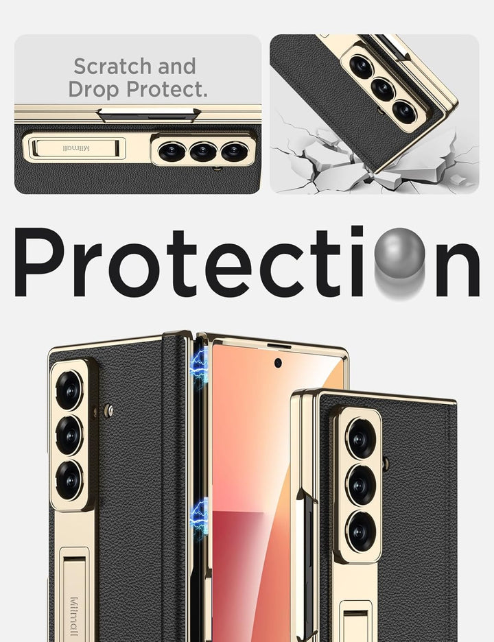 Miimall Lederhülle Kompatibel mit Samsung Galaxy Z Fold 7 Hülle mit Displayschutz+Scharnierschutz, S