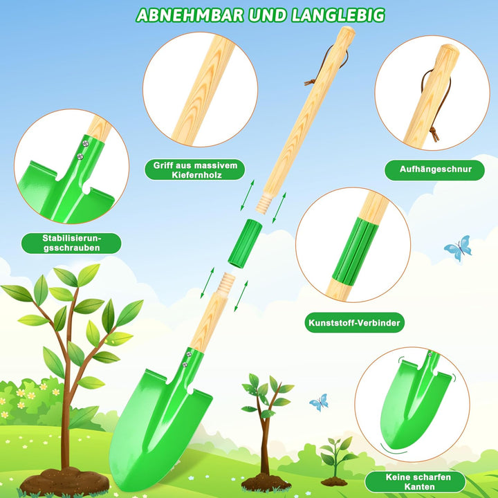 IEEILULU Kinder Gartengeräte Set, Gartenwerkzeug Kinder aus Holz 7 Teilig, Gartenspielzeug Abnehmbar