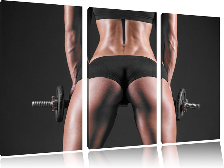 Pixxprint Sexy Frau mit Hanteln B&W Detail als Leinwandbild/Grösse: 3 Teilig (120x80 cm) cm/Wandbild