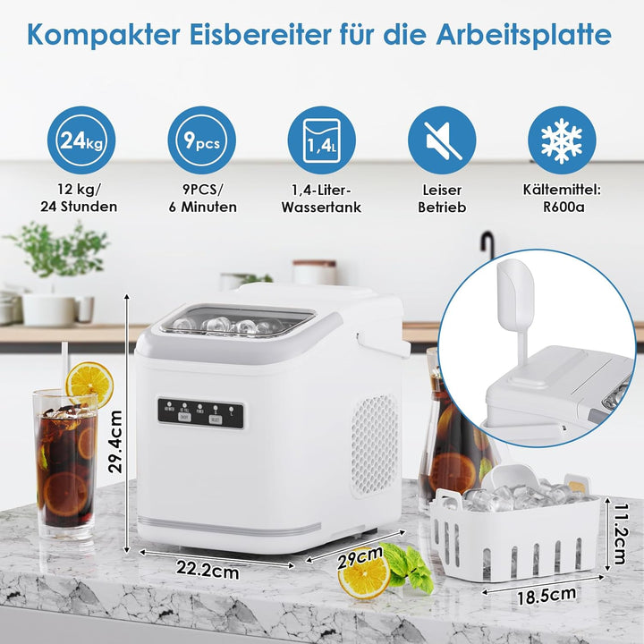 Eiswürfelmaschine, 12,0 kg24H, 9 Eiswürfel in 6 Minuten, 2 Grössen von Bullet Ice, Selbstreinigende