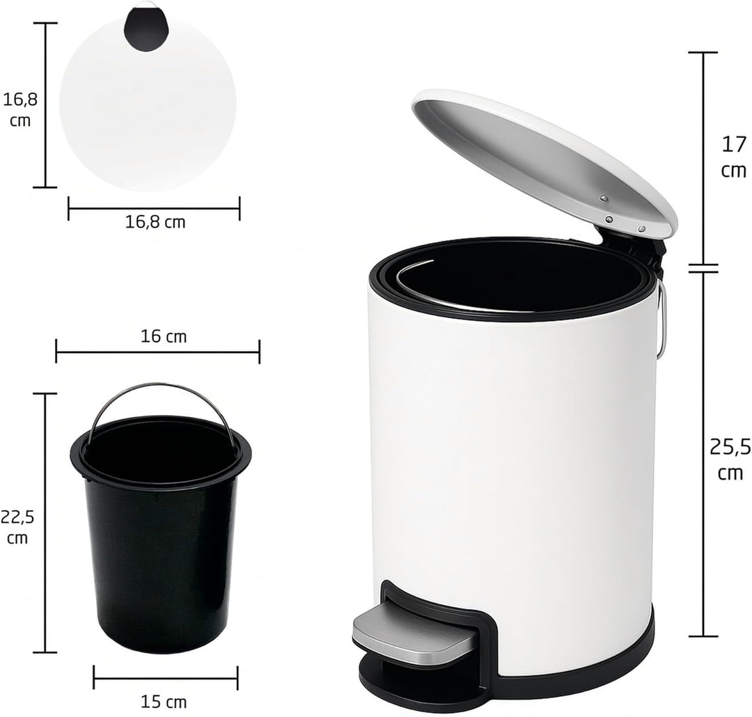 Amig - Kosmetikeimer mit Pedal 3L Tacto - Weiss - Hygienische Öffnung - Ø16,8 x 25,5 cm - Lackierter