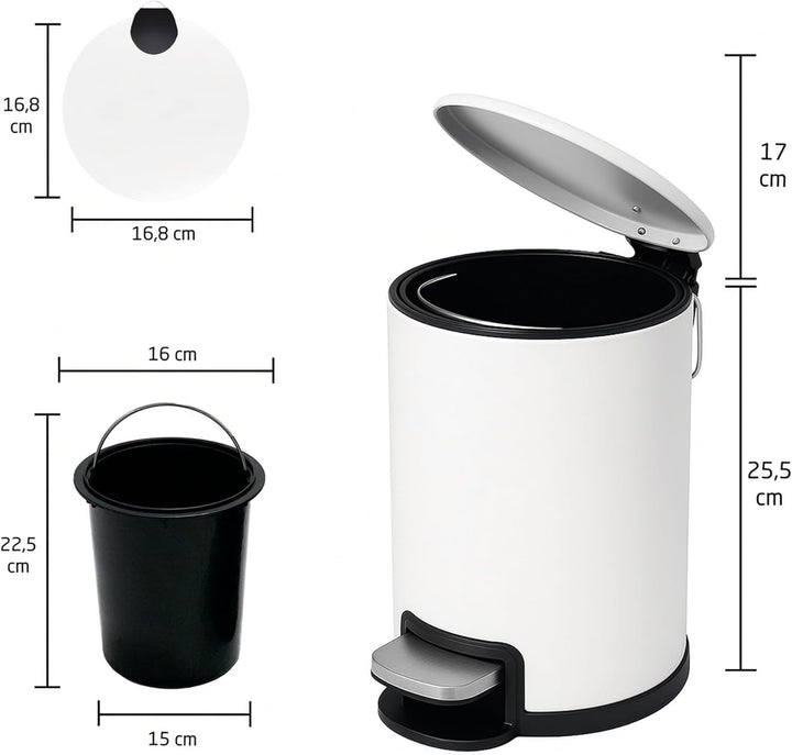 Amig - Kosmetikeimer mit Pedal 3L Tacto - Weiss - Hygienische Öffnung - Ø16,8 x 25,5 cm - Lackierter