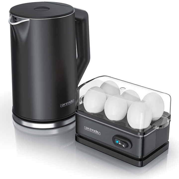 Arendo - Set Wasserkocher ELEGANT mit Eierkocher SIXCOOK Edelstahl Schwarz, Wasserkocher 1,5L 40° -