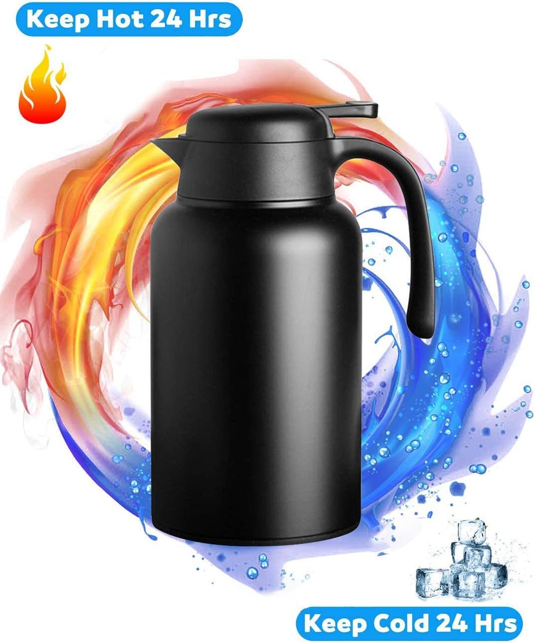 Luvan Thermoskanne, 2 l, Thermokaraffe aus Edelstahl, Warmhaltefunktion, kalt, 24 Stunden (schwarz),