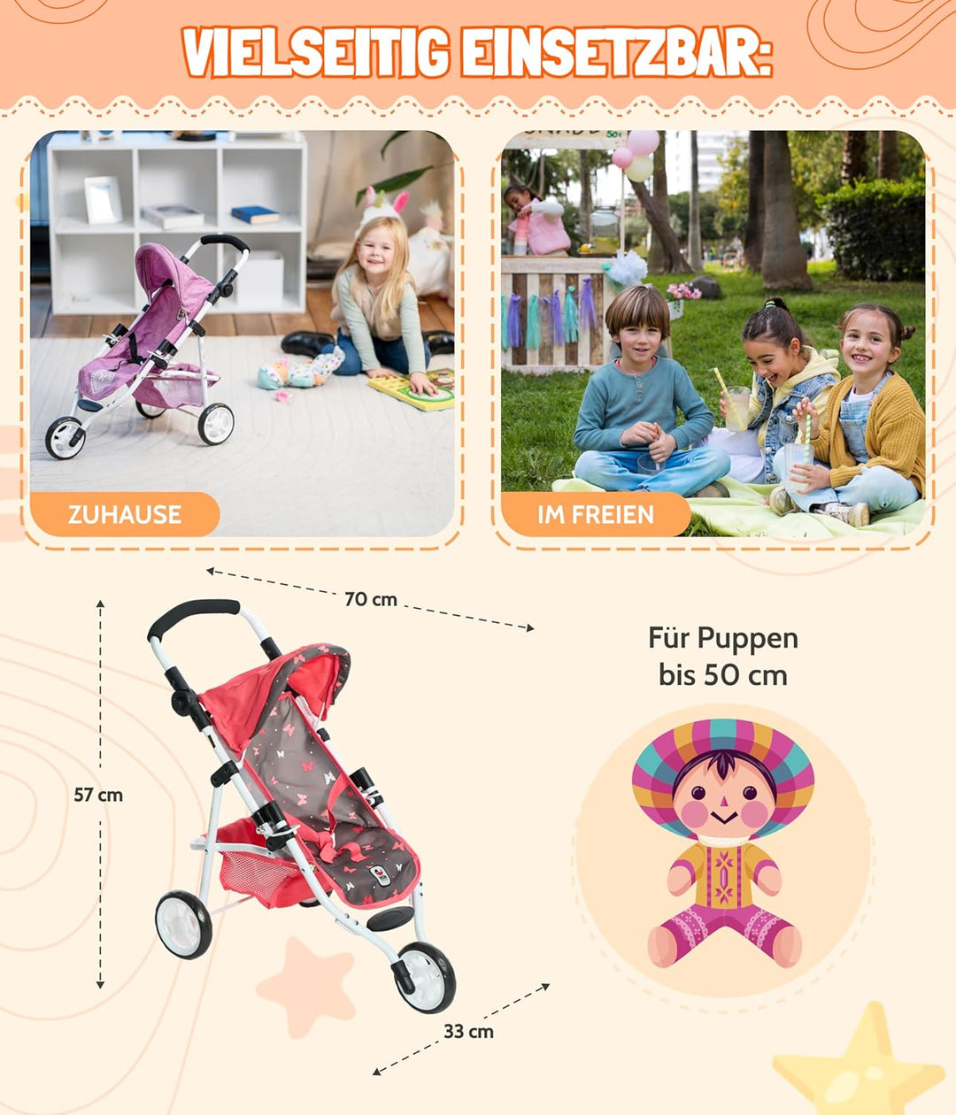 Bayer Chic 2000 - Puppenbuggy Lola, Kinderwagen für Puppen bis ca. 50 cm Grösse, Jogging-Buggy, Pupp