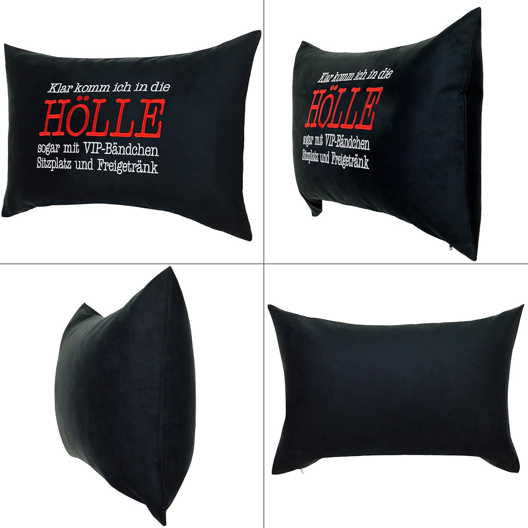EXPRESS-STICKEREI Klar komm ich in die Hölle Kissen mit Spruch Dekokissen Heavy Metal Geschenk für M