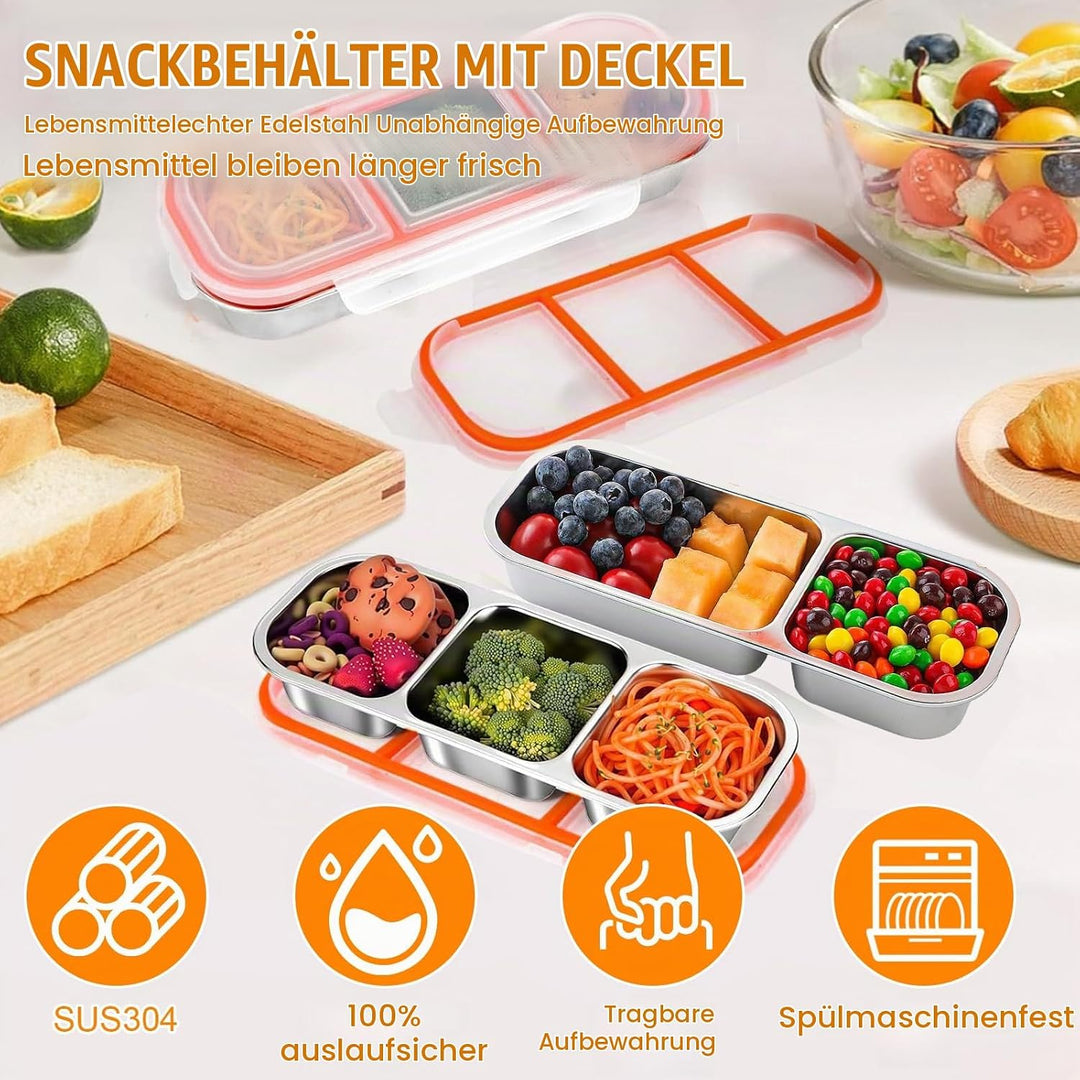 2 Stück Snackbox mit Fächern, Brotdose Kinder mit Fächern aus Edelstahl, Snackschale mit Deckel, Lec
