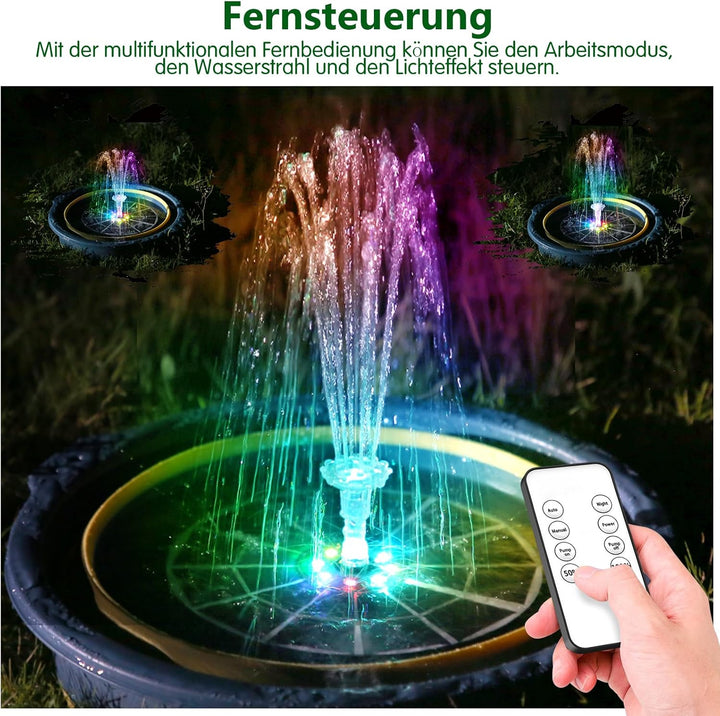 AISITIN 5.5W LED Solar Springbrunnen für Aussen mit Fernbedienung, Buntes LED Solar Teichpumpe mit 3