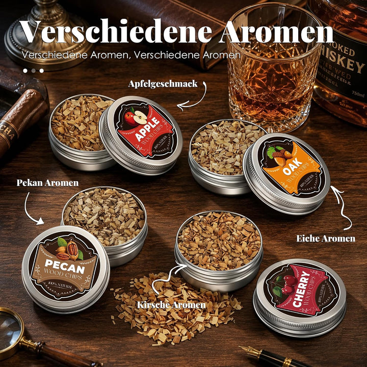 Whisky Räucher Set mit Sturmfeuerzeug, 2 Edelstahlfiltern &amp; 4 Geschmack-Holzspäne, Hochwertiges Sape