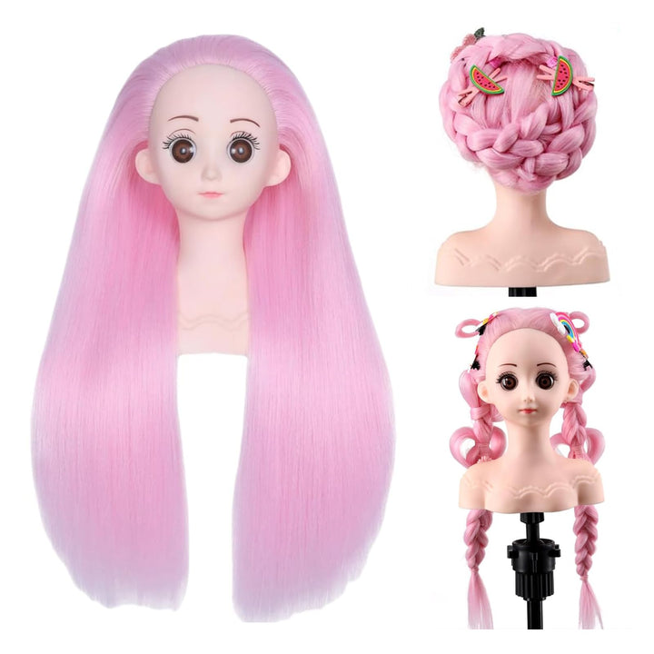 Mannequin-Kopf für Kinder mit synthetischem glattem Haar, Puppenkopf zum Üben von Flechten (Rosa)