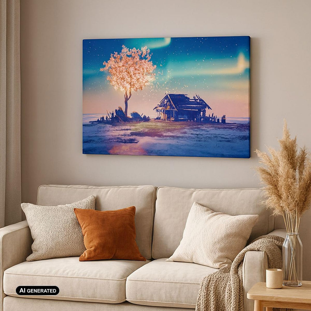 ARTTOR Bilder auf Leinwand 100x70cm Leinwandbild Baum Haus Nacht Sterne Gross Wanddeko Bild Schlafzi