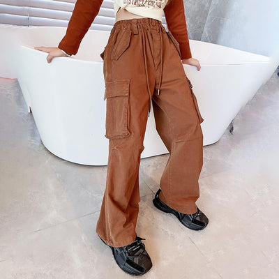 Rolanko Mädchen Baggy Cargo Hose, Elastisch Hohe Taille Gerade Weites Bein Streetwear Hose mit Mehre