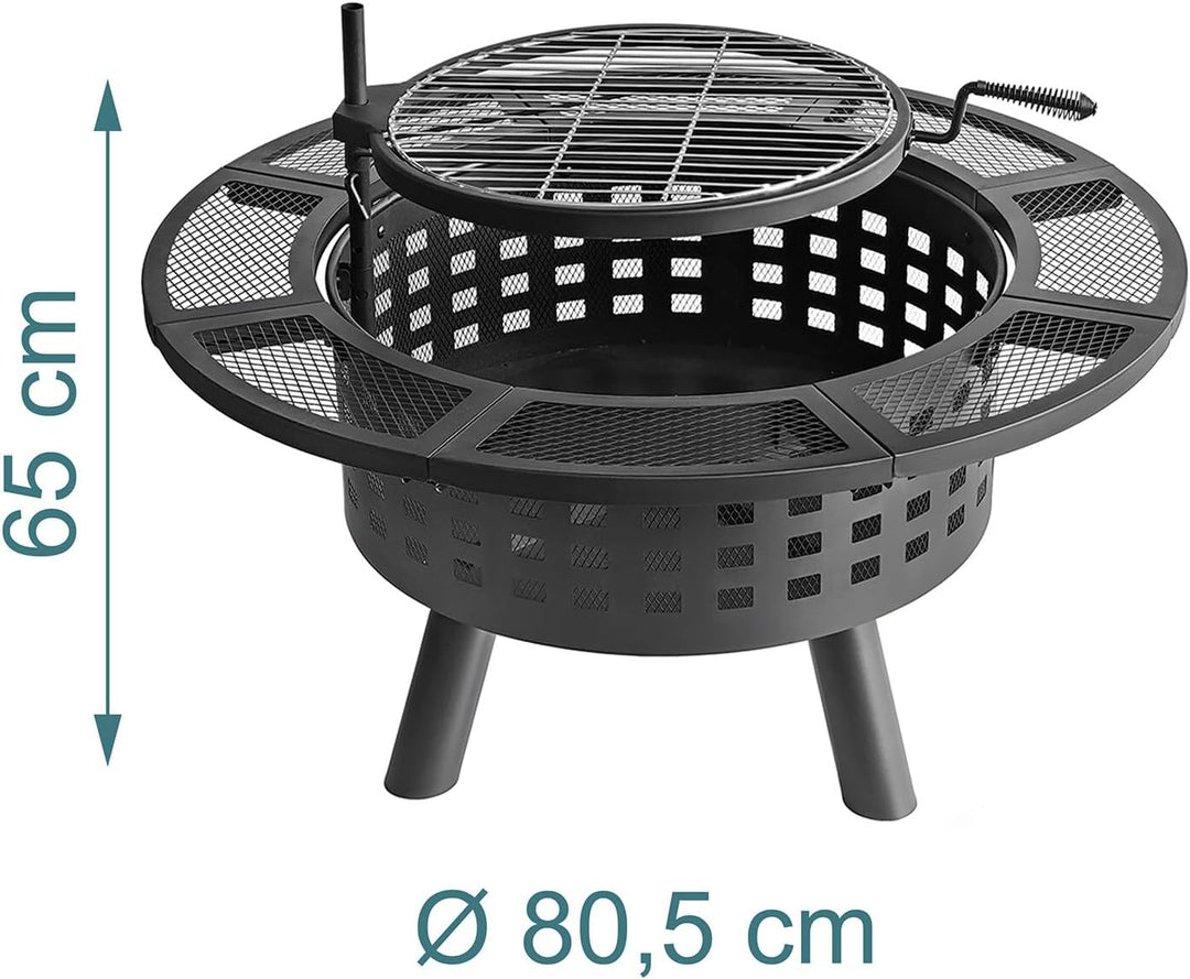 Relaxdays Feuerschale, Ø 80,5 cm, Verstellbarer Grillrost, Deckel & Schürhaken, Feuerstelle Garten,