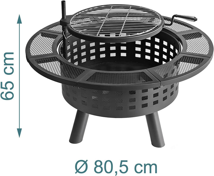 Relaxdays Feuerschale, Ø 80,5 cm, Verstellbarer Grillrost, Deckel & Schürhaken, Feuerstelle Garten,