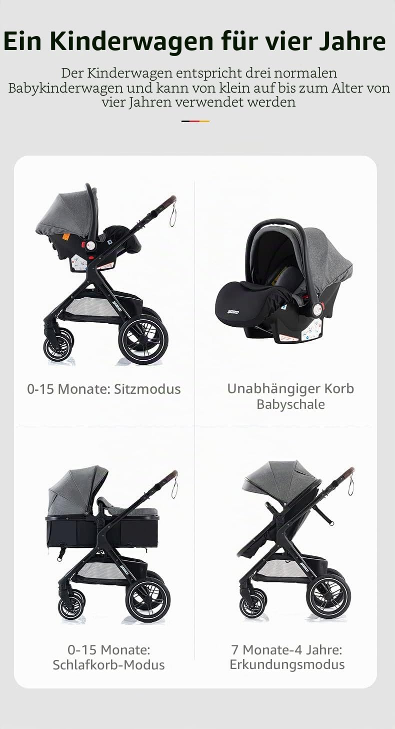 YAZOCO kinderwagen 3 in 1, Zusammenklappbar kinderwagen mit Wickeltasche,Komplettset Becherhalter,Mo
