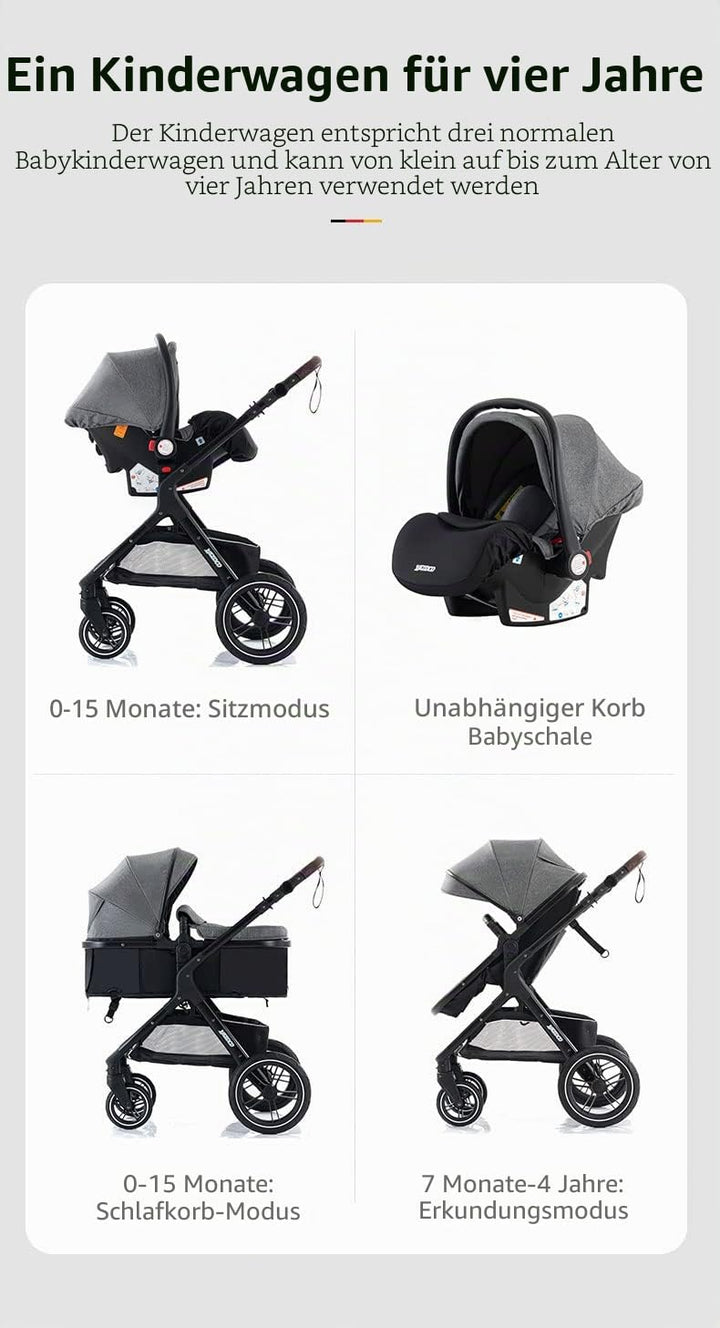 YAZOCO kinderwagen 3 in 1 Buggy Babybett Komplett Set Einem Klick Zusammenklappbarer Kinderwagen, Ko