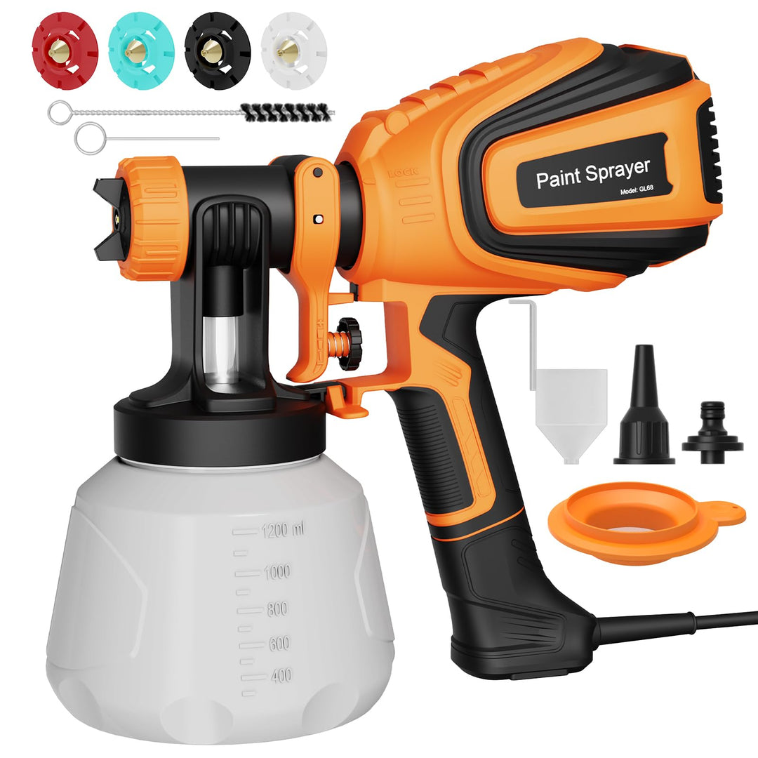 Farbsprüher HVLP 700W, Elektrisches Sprühgerät mit 1200ML Behälter, 1000ML/Min Durchfluss, 4 Düsen &
