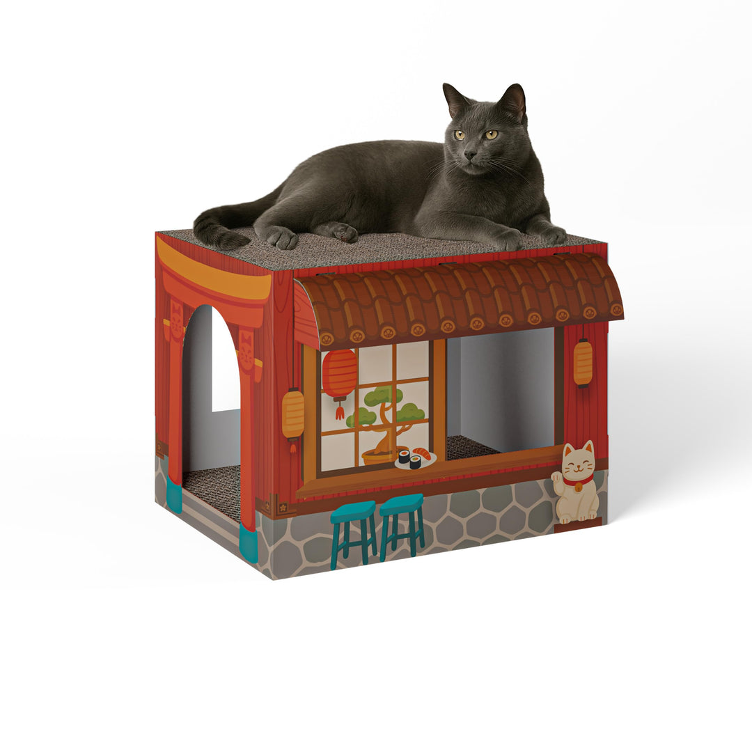Cat’s Palace Katzenhaus Sushi Restaurant – Rückzugsort & Kratzmöbel mit 2 Kratzflächen für Katzen |