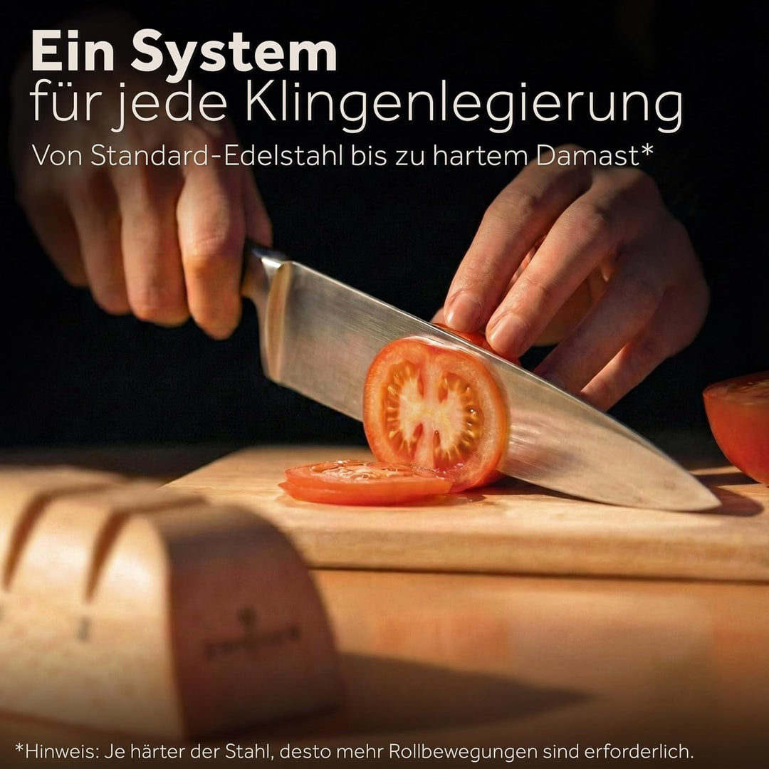 ZWIEGER Manueller Messerschärfer mit Rollen-Technologie – Set mit Wellenschliff- & Allzweckmesser in