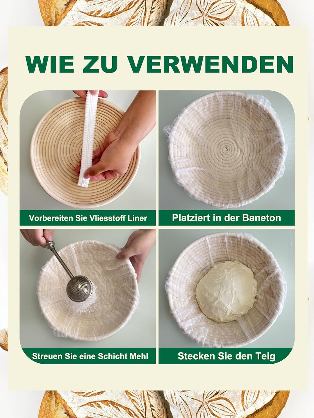 100 Stück Gärkörbchen Vlies Einlagen, Antihaft Vlies für Brotteige, Elastischer Brotkörbe-Korbeinsat