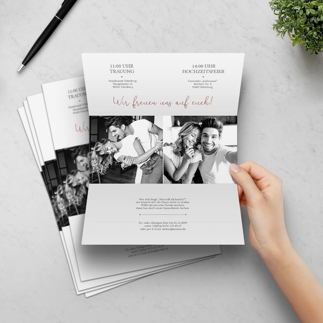 Kartenmachen.de 10 x Personalisierte Hochzeitseinladungen, Einladungskarten zur Hochzeit DIN Lang Wi