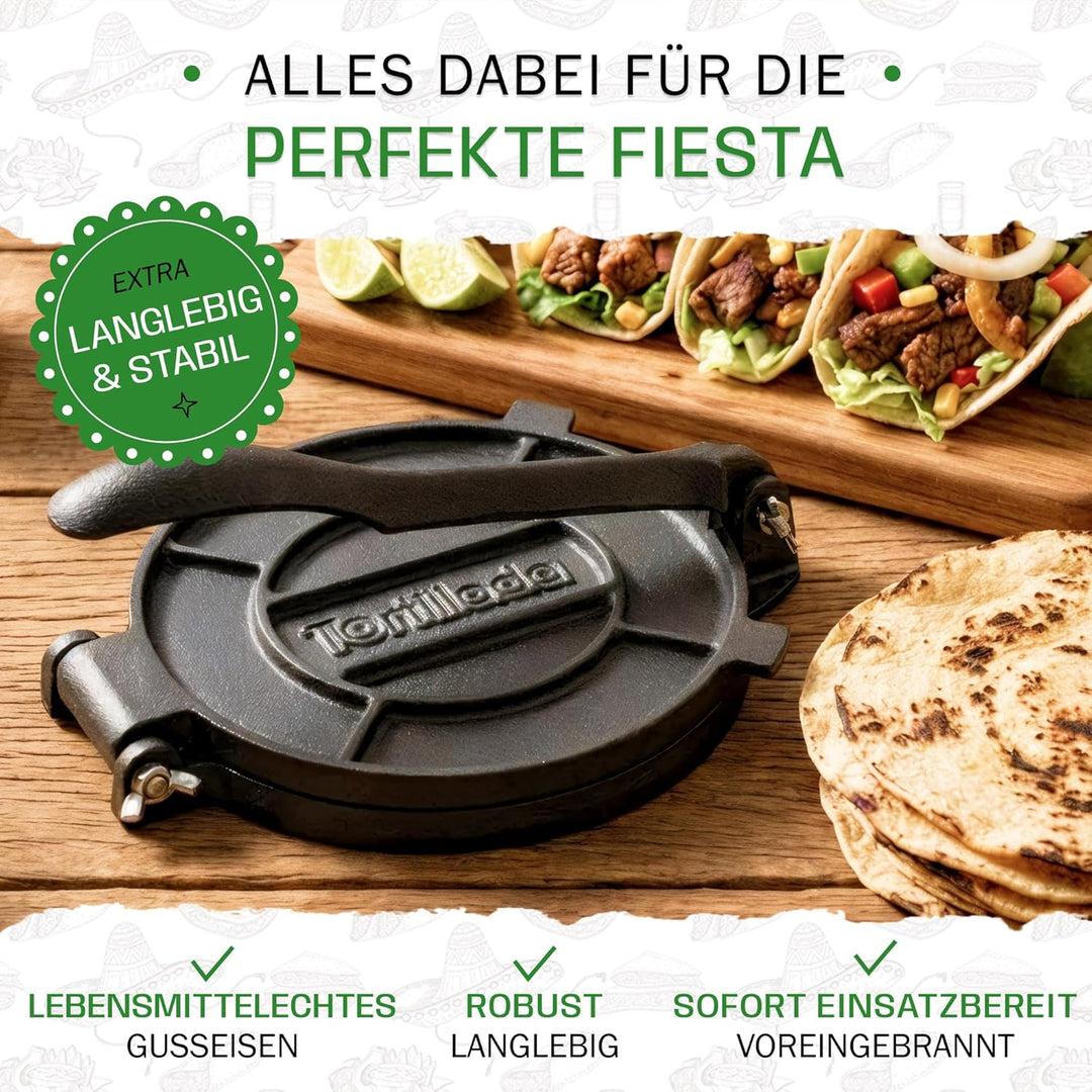 Tortillada - Tortilla Presse/Quesadilla, Roti Maker aus Gusseisen mit Rezepten (20cm) inkl. E-Book m