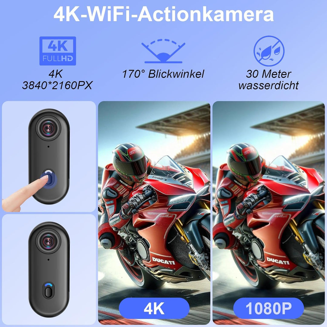Action Kamera WiFi 4K, 170° Sport Actionkamera HD, 32G Mini Action WiFi Fahrrad Motorrad Helmkamera,