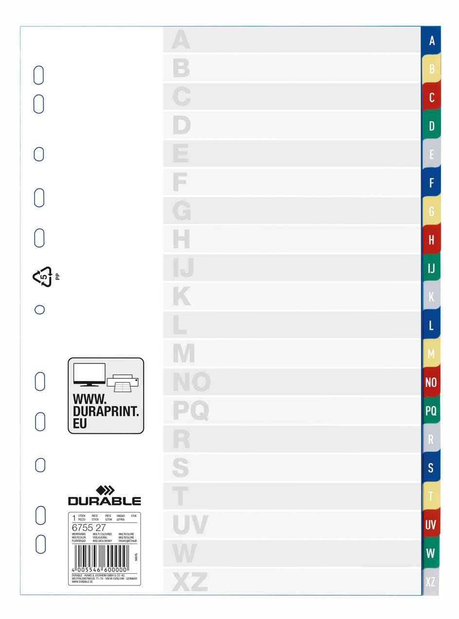 Durable Register mit geprägten Taben A-Z, Universallochung, 20 Stück, farbiger Verlauf, 675527, A-Z