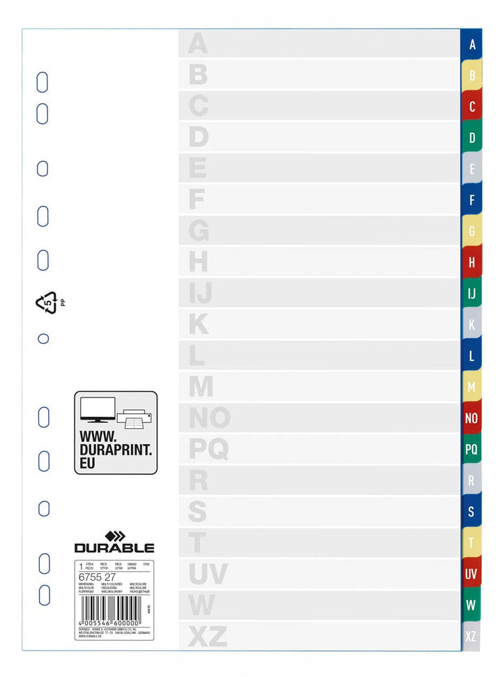 Durable Register mit geprägten Taben A-Z, Universallochung, 20 Stück, farbiger Verlauf, 675527, A-Z