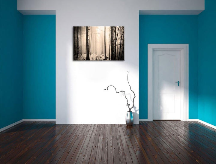 Pixxprint Mystischer Wald Schwarz/Weiss, Format: 100x70 auf Leinwand, 100x70