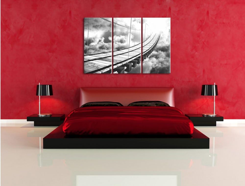 Pixxprint Hölzerne Brücke in den Wolken / 3-Teilig/Gesamtmass 120cm Leinwandbild bespannt auf Holzra
