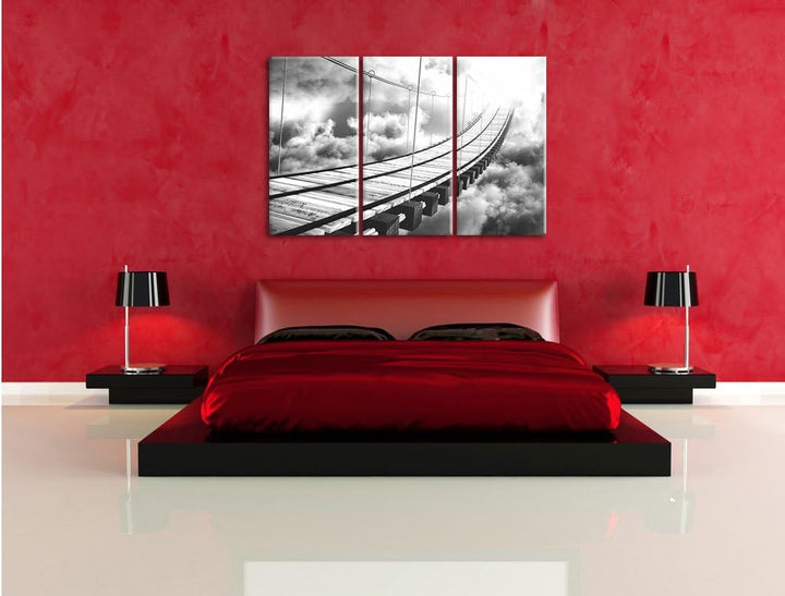 Pixxprint Hölzerne Brücke in den Wolken / 3-Teilig/Gesamtmass 120cm Leinwandbild bespannt auf Holzra