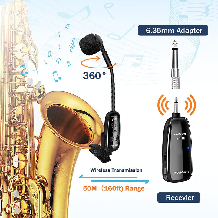 Kabelloses Mikrofon für Saxophon,UHF Drahtloses Mikrofon für Musikinstrumente,Wireless Empfänger und