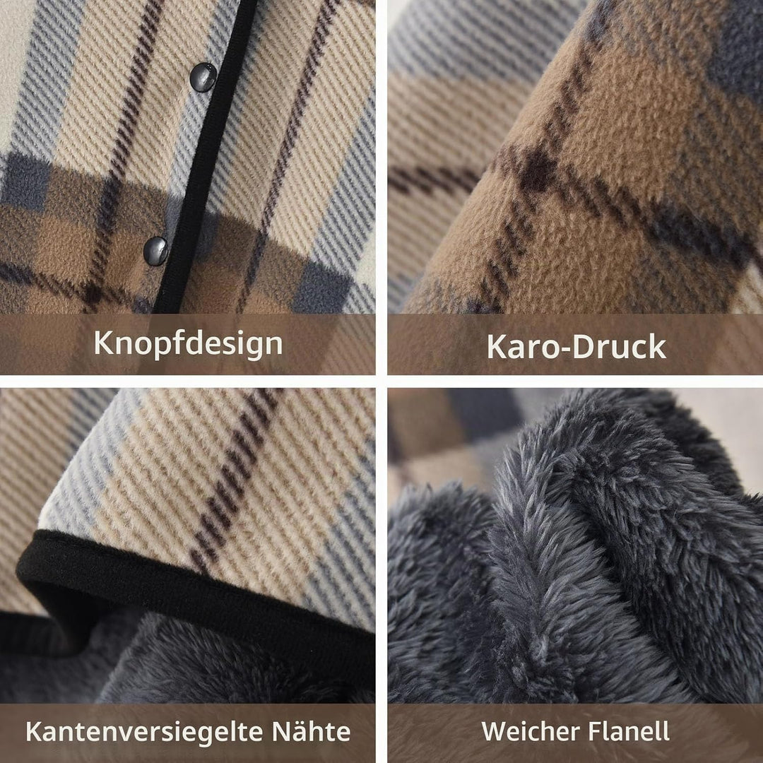 Damen Poncho Fleece Tragbare Decke, Karierte Schossdecke Bequemer Poncho Plüschdecken Überwurf Schal