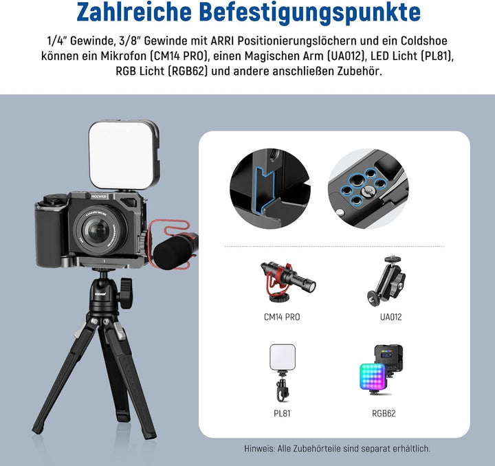 NEEWER ZV-E10 Kamerakäfig mit Silikongriff, 1/4" Gewinde, 3/8" ARRI Positionierungslöcher, Arca Typ