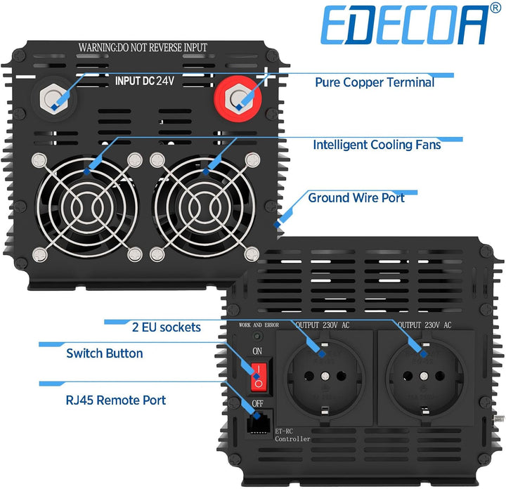 EDECOA Spannungswandler 24v 230v Wechselrichter Reiner Sinus 1500w 24V 230V LCD Konverter 24v auf 23