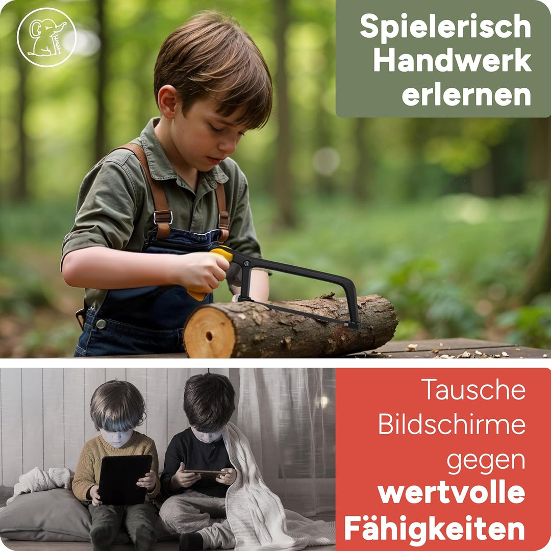 Eli® Kindersäge ab 6 Jahre inkl. 4 Sägeblätter für Holz und Metall und Bastelholz- echte Bügelsäge z