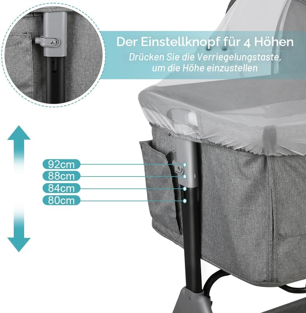 Kedia Babywiege mit Moskitonetz, Babybett &amp; Reisebett mit Rollen, Babybett für Wiegen, höhenverstell