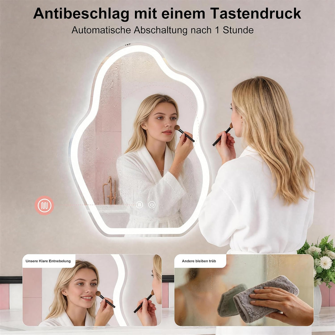 Badspiegel mit Beleuchtung 50x70cm,LED Asymmetrischer schminkspiegel | 3 Lichtfarben,Einstellbare He